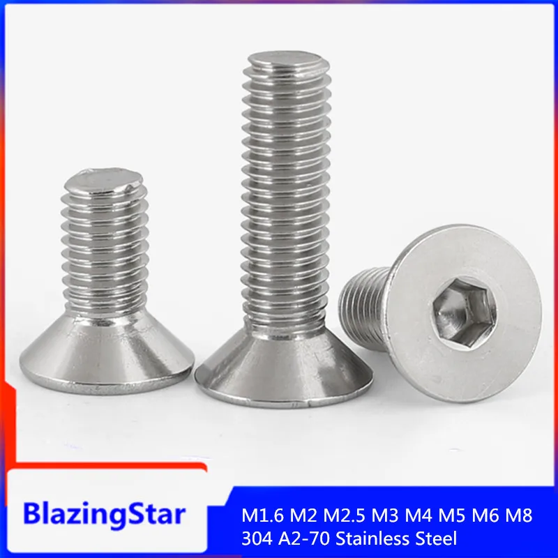 5/10/25/50pcs M1.6 M2 M2.5 M3 M4 M5 M6 M8 304 A2-70 Stainless Steel Hexagon Hex Socket Head Flat Countersunk Bolt Screw