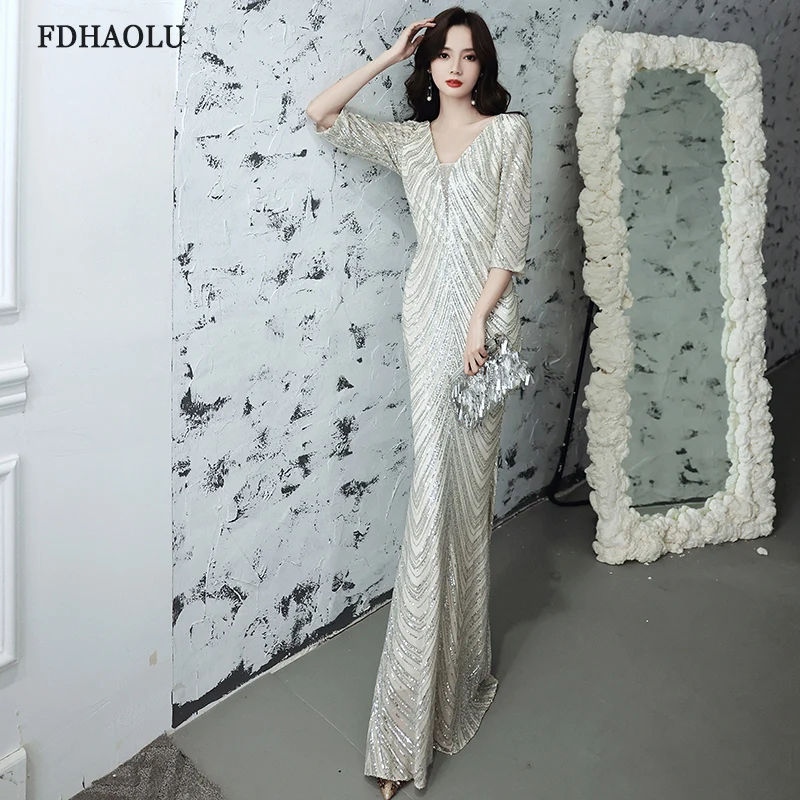 FDHAOLU FU93 Evening Dress Elegatn V-neck Evening Dresses For Women Plus Size Robe De Soiree 2021 Sequins Formal Gowns