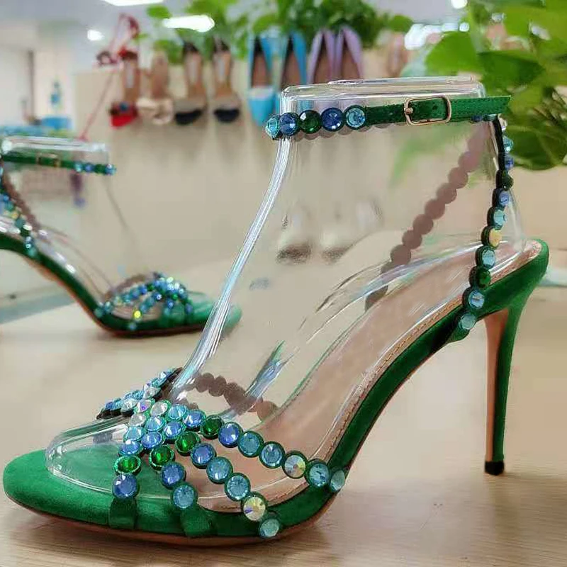 Green Purple Suede Glitter Rhinestone Beaded Strappy Sandals High Heels Jeweled Crystal Bride Shoes Banquet Pumps