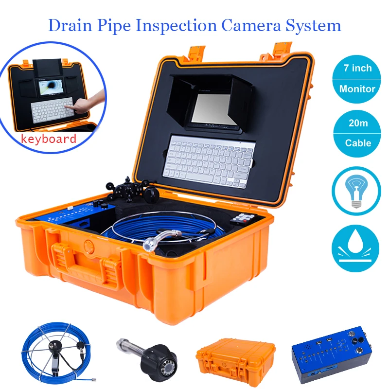 

Support DVR 20m Cable 25mm HD1080P Industry Endoscope Camera Waterproof 7'' LCD Sewer Drain Pipe Inspection System With Keyboard