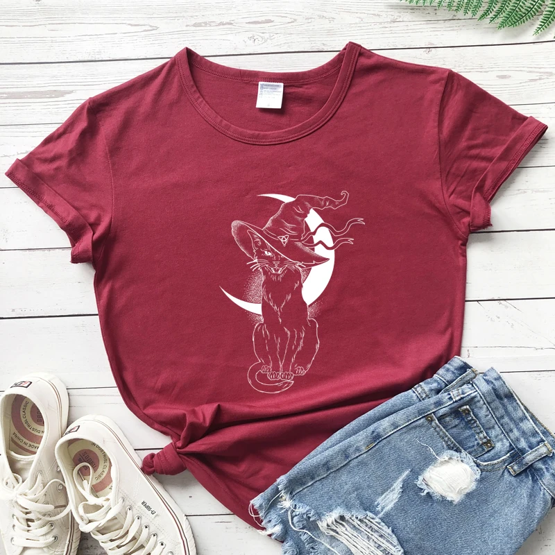 Celestial Moon Cat Witch T-shirt Aesthetic Women Wiccan Gothic Tshirt Vintage Halloween Graphic Tee Shirt Top