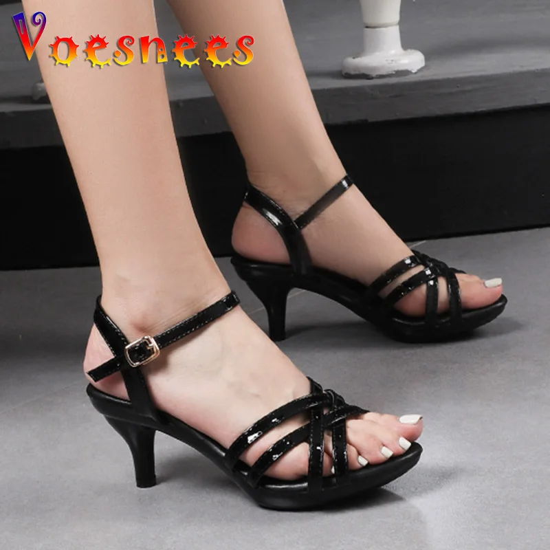 Comfortable Patent Leather Women Sandals Thick Platforms 6CM Stilettos Summer Hollow Out Thin Band Fashion Bridal Shoes 6 Color