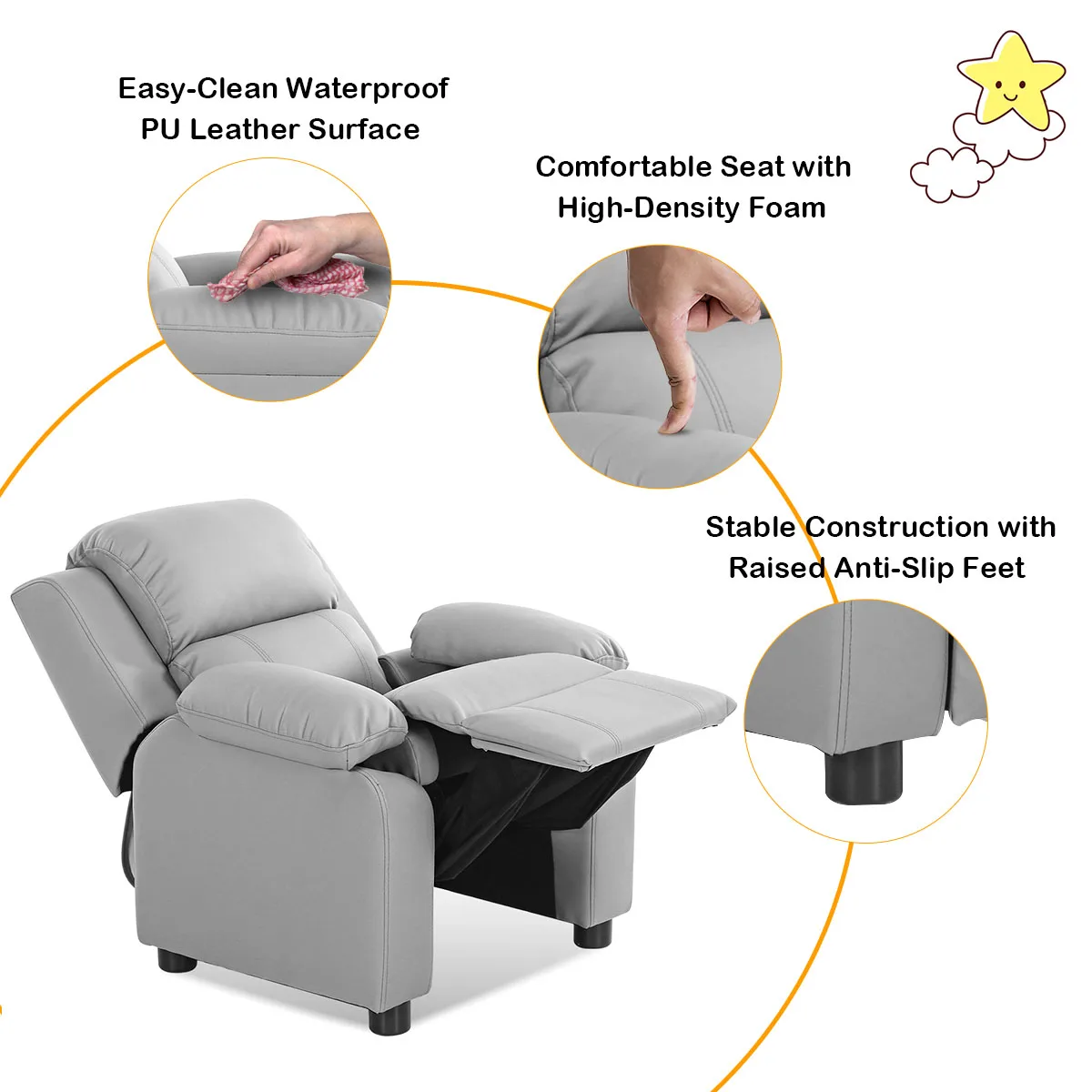 Sofá acolchado de lujo para niños, sillón reclinable, reposacabezas con brazos, color gris