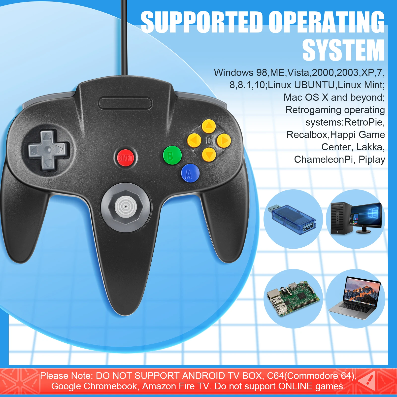 2 Pack Classic N64 USB  Wired Game Stick Joy pad Controller for Windows PC MAC Linux Raspberry Pi 3 Sega Genesis