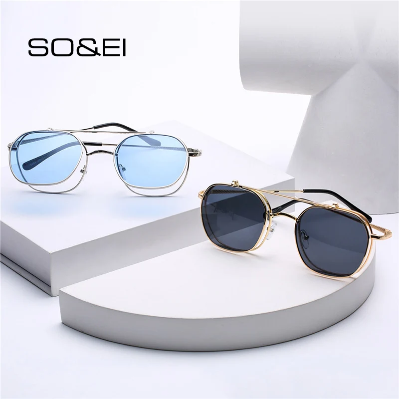 SO&EI Fashion Flip Lens Sunglasses Women Vintage Metal Punk Eyewear Men Irregular Round Blue Pink Clear Sun Glasses Shades UV400