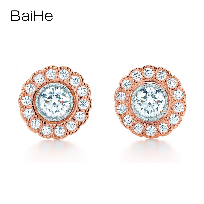 

BAIHE Genuine Solid 18K Yellow/Rose/White Gold Natural Diamond Flower Stud Earrings Women Men Fine Jewelry Making أقراط زهرة