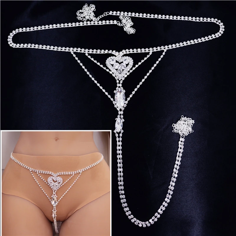 New Sexy Cute Rhinestone Heart Thong Bikini Swim Suit Panties for Woman Fashion Crystal Body Chain Jewellery Gifts wholesale