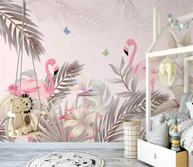 

Modern personality papel de parede 3d wallpaper hand drawn nordic tropical palm tree plant flamingo indoor background