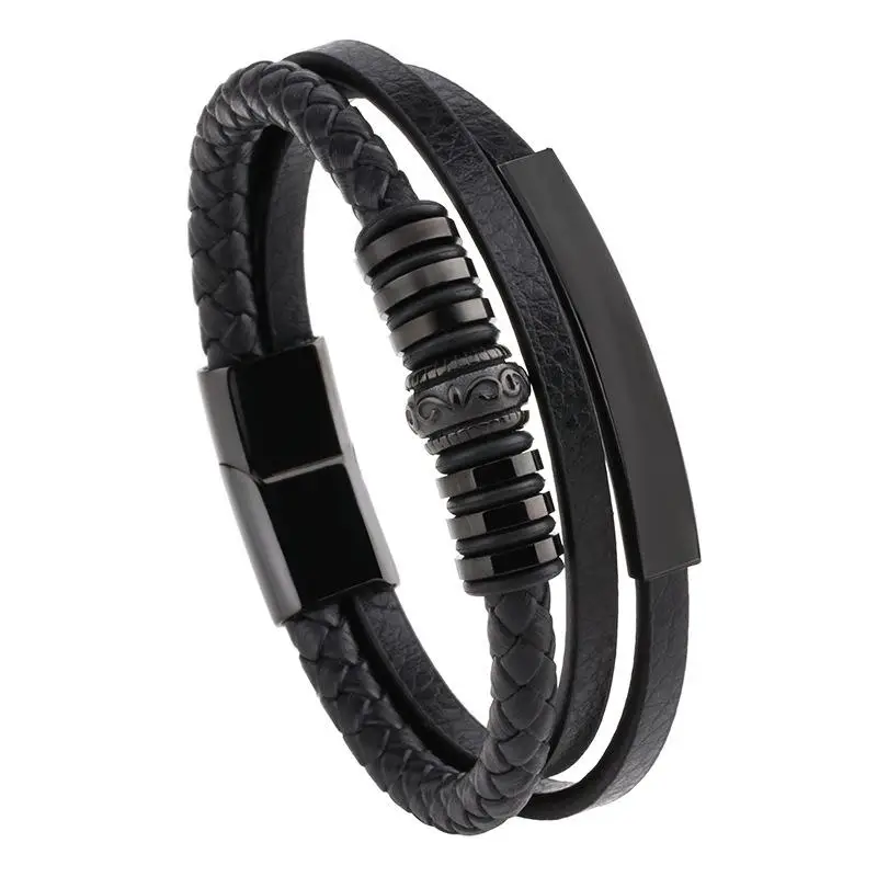 Punk Multilayer Leather Bracelet for Men Stainless Steel Charm Magnet Luxury Bracelet Fashion Bangle Accessories  Wholesale