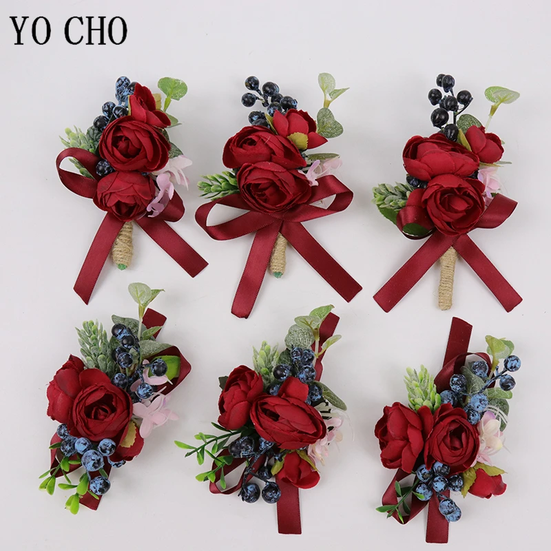 YO CHO Rood Boutonniere Bruiloft Bruidsmeisje Pols Corsages Hoge Kwaliteit Zijde Rose Bloem Meisje Corsages Prom Kunstmatige Rode Bloemen