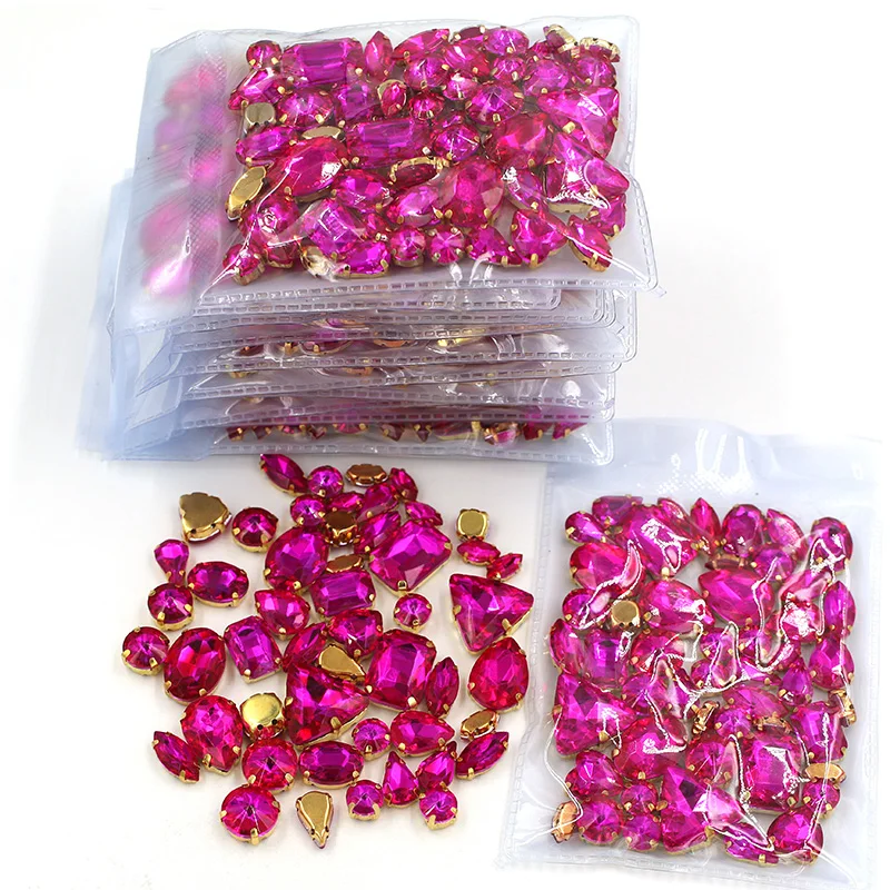 New arrival Wholesale 5 bags mixed shape sew on glass crystal Rose red  rhinestones gold base for clothing/dress