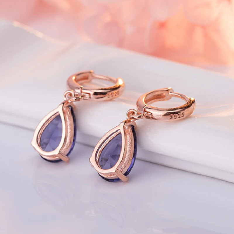 Fashion Earrings 925 Silver Jewelry with Purple Zircon Gemstone Water Drop Shape Earrings for Women Wedding Party Accessories