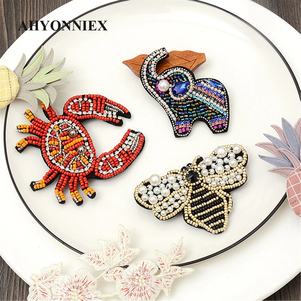 AHYONNIEX 1PC Red Crab Sequins Beads Bee Patches Applique Sew On Elephant Clothes Shoes Bags Decoration DIY Patch