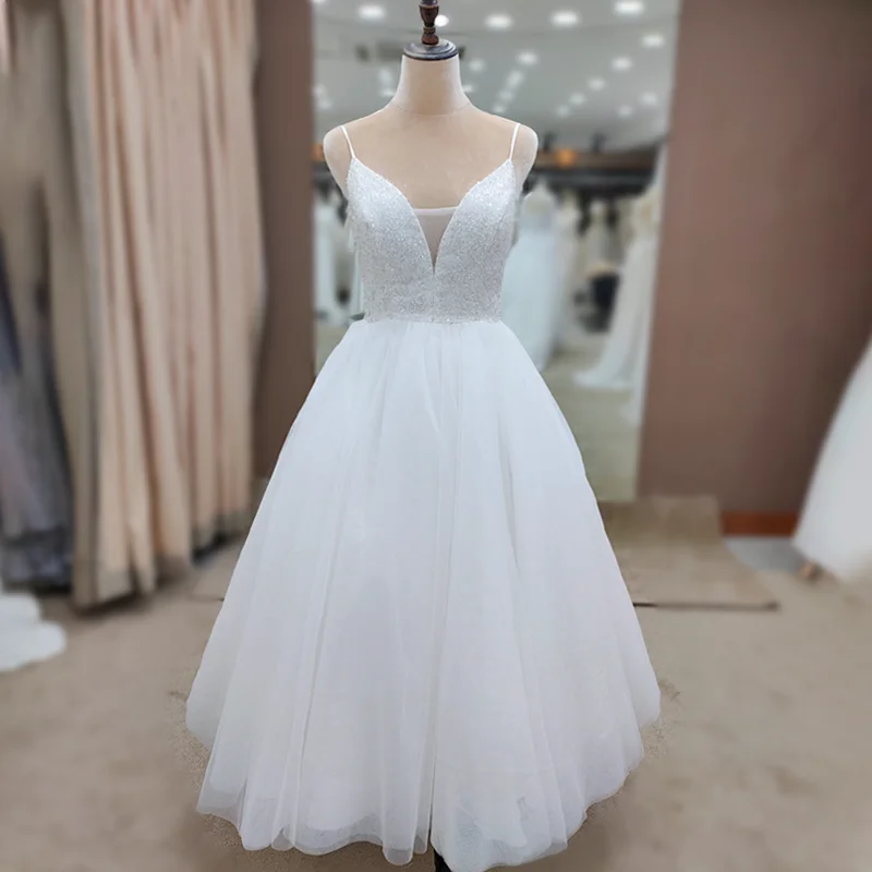 

3098 #Ready To Ship 100% Real Photos Spaghetti Strap Ivory V-Neck Sleeveless A-Line Cheap French Beading Wedding Dresses