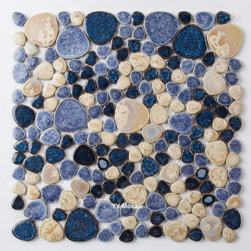 

11PCS Navy Blue Beige Glazed Pebble Ceramic Mosaic Tile, Kitchen Backsplash Shower showroom Swimming Pool Wall/Floor brick tile