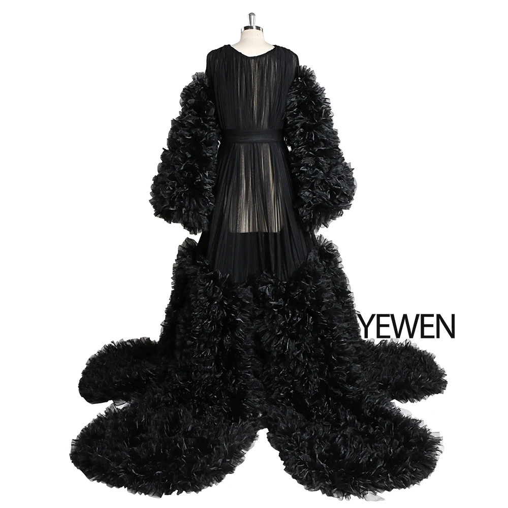 New Design V Neck Black Ruffle Large Skirt Maternity Gowns Puffy Long Sleeves Dress for Baby Shower Pregnancy Dress YEWEN