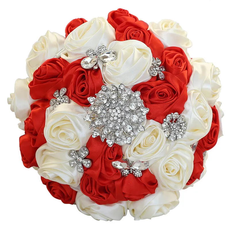 Red Korean Style 2023 New Bride Holding Flowers Pearl Rhinestones Handmade Wedding Bouquet for Use In Church B04