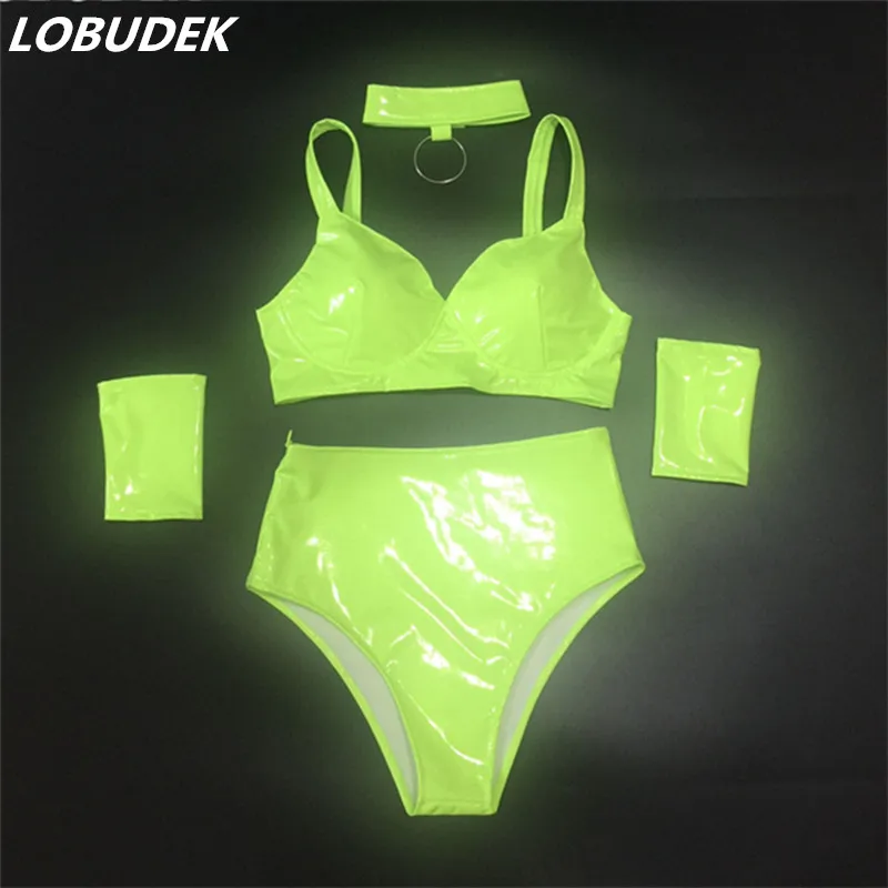 Female DJ Jazz Modern Dance Costume PU Leather Fluorescent Green Bikini Set Nightclub Bar Singer Dancer Team Sexy Stage Wear