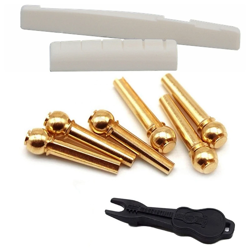 Acoustic Guitar String End Nut Bridge Saddle Abalone Pins Replacements Set (Brass Pins & Bone Saddle Nut)