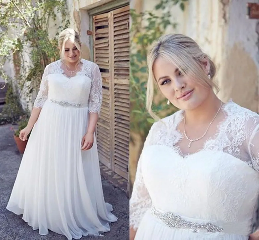 

2024 Plus Size Wedding Dresses With Crystals Sash Half Sleeve Vestidos De Novia Boho Chiffon Bridal Gown