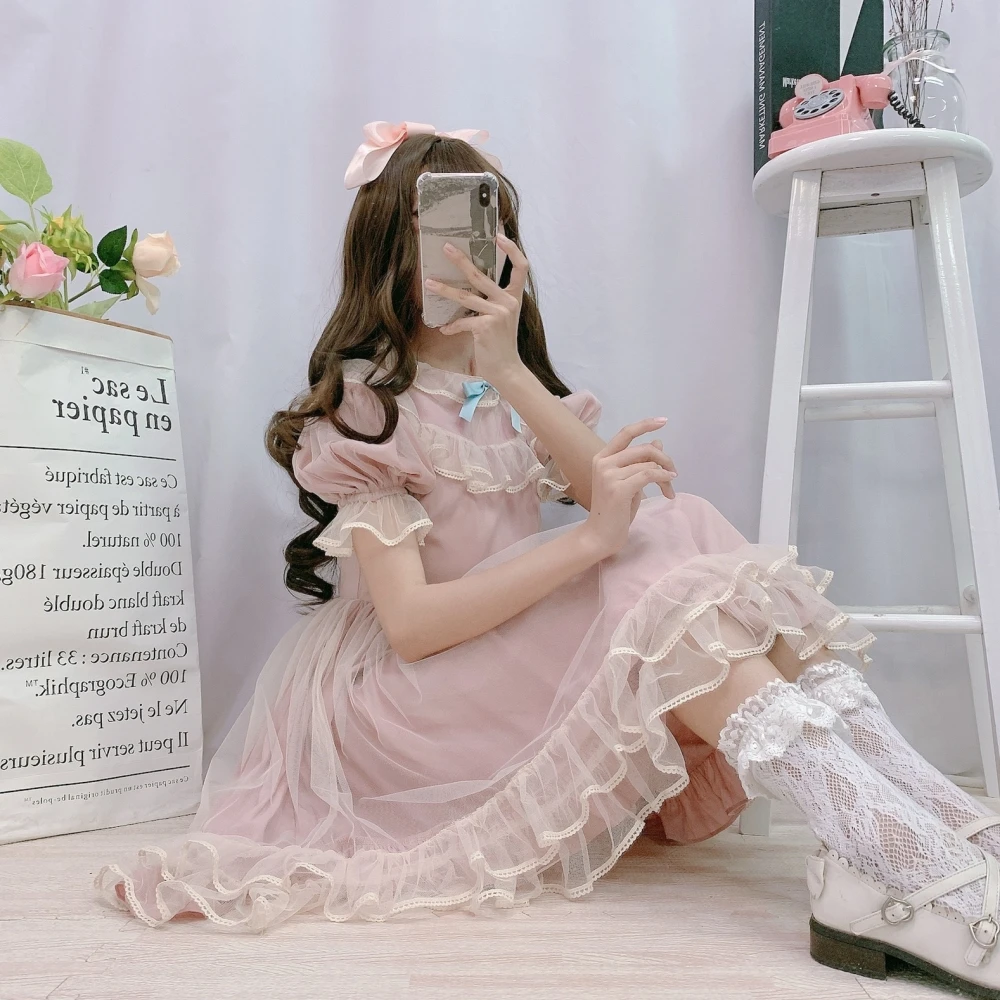 Lolita Kawaii Short Tulle Dress Women Girls Pink Princess Casual Cute Ruffle Puff Sleeve Fairy Vintage Party Mesh Dresses 2024