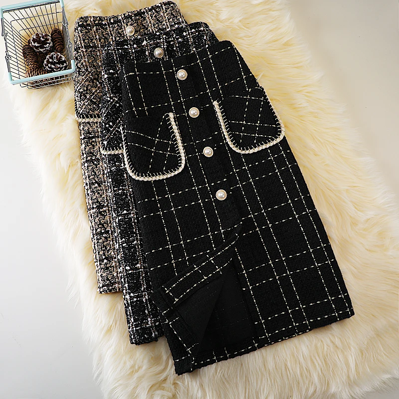 Winter TweedXiaoxiangfeng High-waist Plaid Woolen A-line Skirt Female Autumn And Winter Mid-length Tweed Thin One-step Hip Skirt