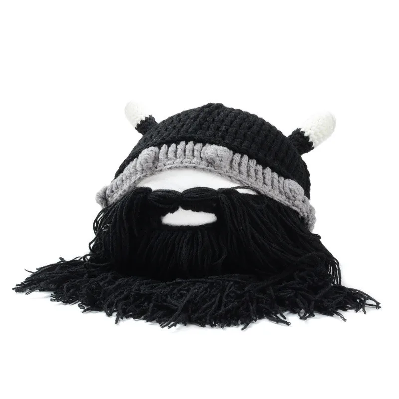 2019 Creative Halloween Men Hats Autumn Winter Keep Warm Personality Horned Beard Mask Hat Wool Knit Funny Festival Party Caps image 6