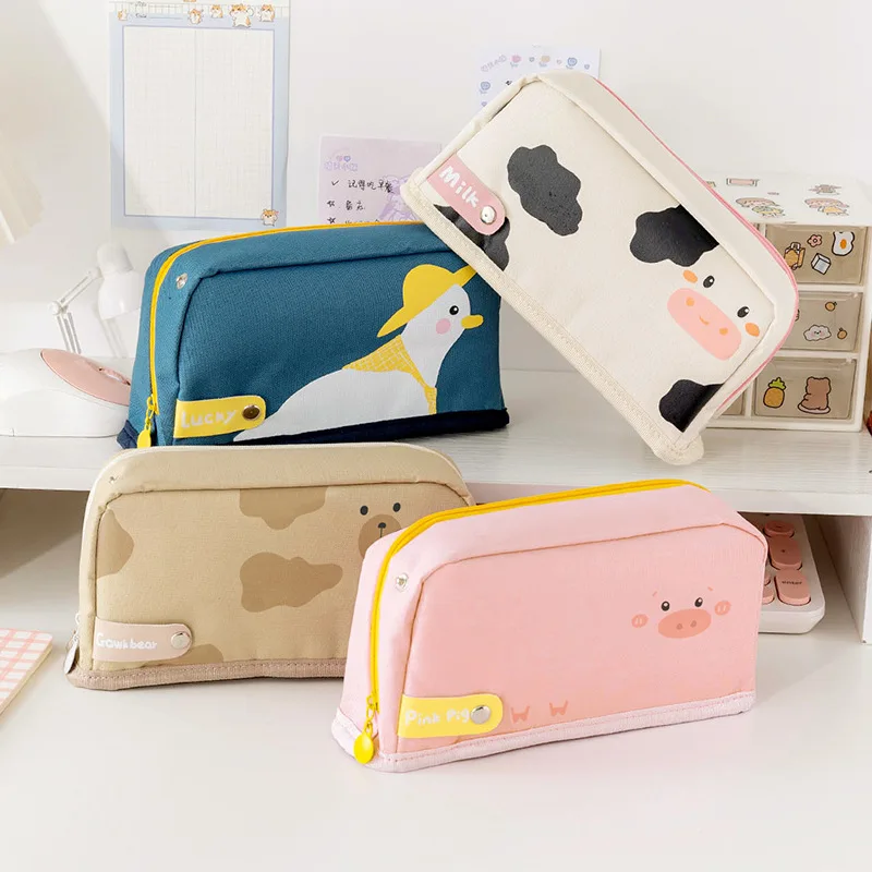 Cute Cartoon Printing Portable Customized Large Capacity Zipper Pen Bag School Office Stationery Student Canvas Pencil Handbag