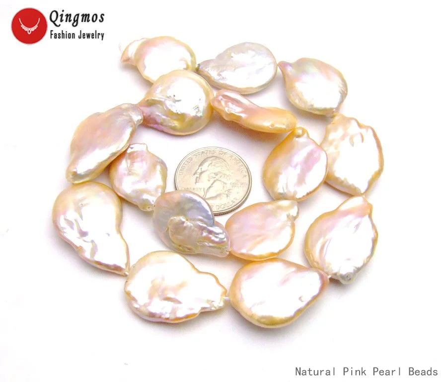 Qingmos Natural 20*25mm Coin Round Pink Pearl Loose Beads for Jewelry Making DIY Necklace Bracelet Earring 14