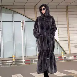 2021winter Women Real Rex Rabbit Fur Coats With Hooded Natural Whole Skin Genuine Rex Rabbit Fur Long Jackets Overcoat Luxury