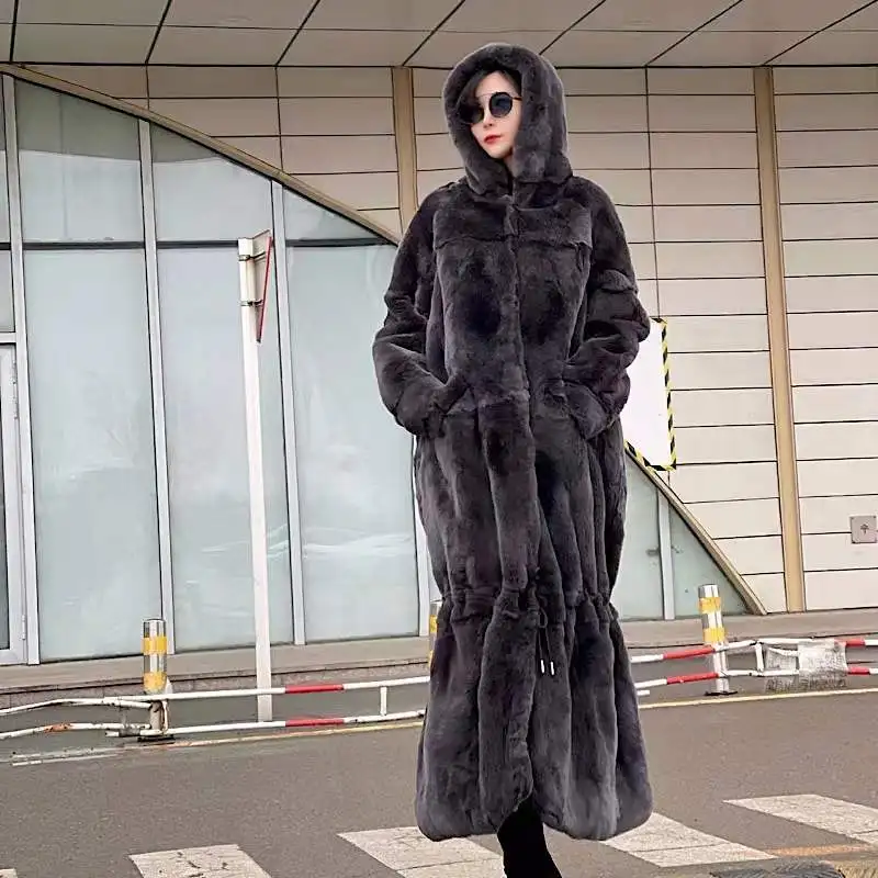 2021winter Women Real Rex Rabbit Fur Coats With Hooded Natural Whole Skin Genuine Rex Rabbit Fur Long Jackets Overcoat Luxury