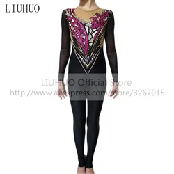 LIUHUO Women's Girls' Adult Black Performance Rhythmic Gymnastics Competition Leotard Ice Figure Skating Dress Tights Bodysuit