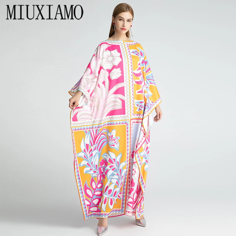 MIUXIMAO 2023 Bohemian Plus Size Dress O-neck Batwing Sleeve Maxi Dress Women Flower Print Floor Length New Fashion Kaftan Dress