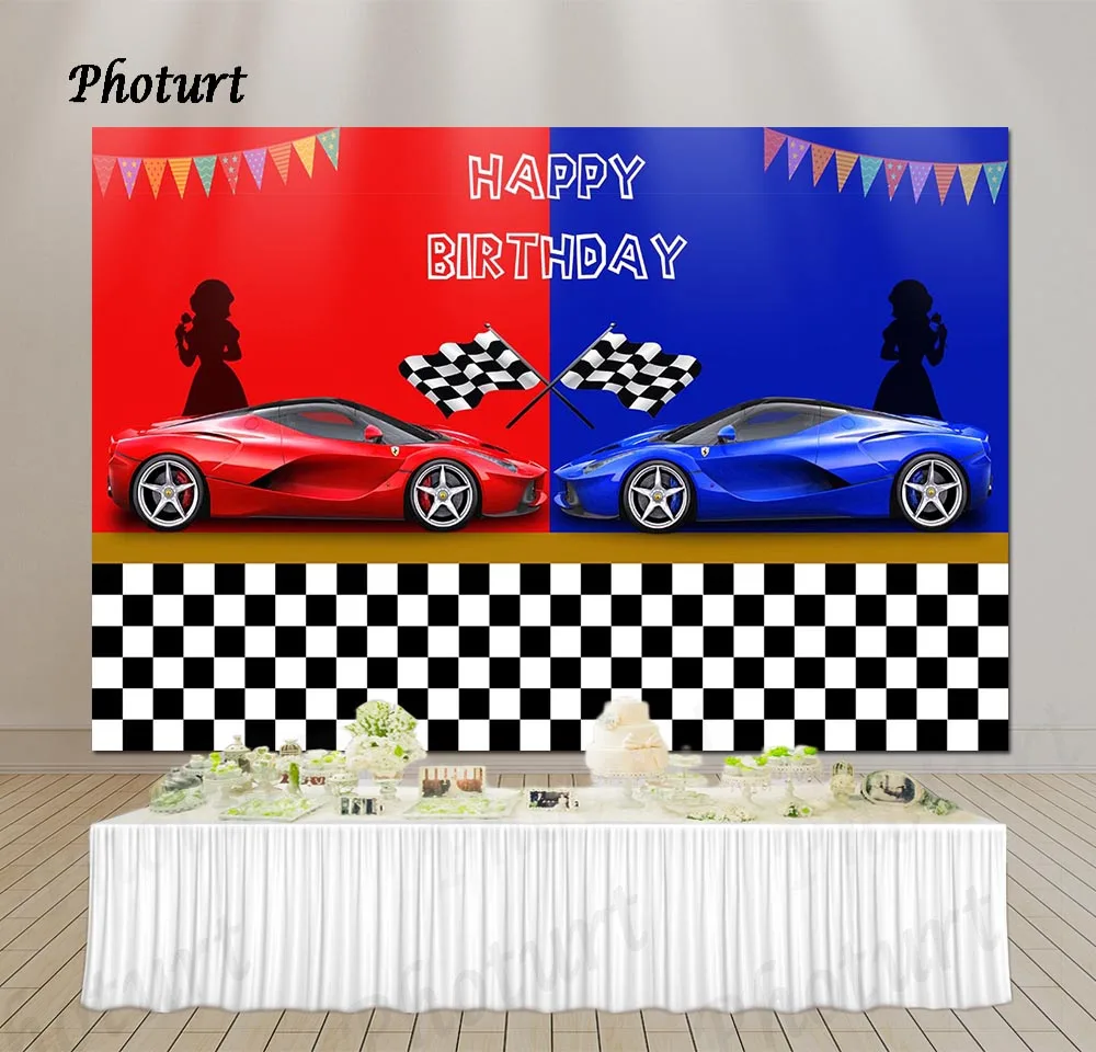 

PHOTURT Racing Car Backdrop Kids Birthday Banner Red Blue Flags Photography Background Polyester Vinyl Decorate Props