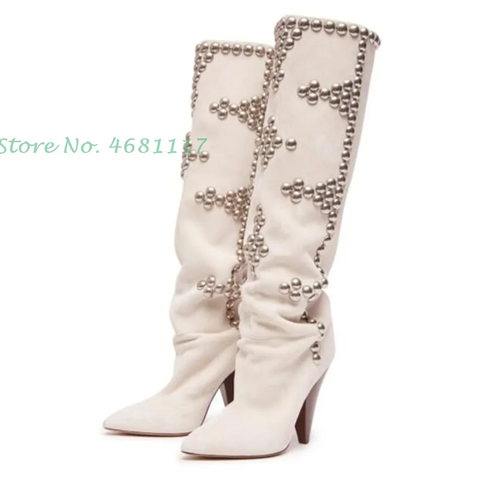 Rivets Spike Heel White Long Boots Women Pointed Toe Slip On Booties Suede Leather Splicing High Heels Chic European Style Shoes