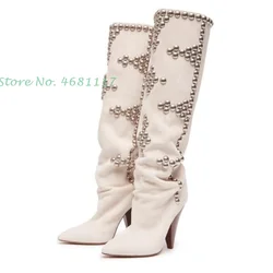 Rivets Spike Heel White Long Boots Women Pointed Toe Slip On Booties Suede Leather Splicing High Heels Chic European Style Shoes