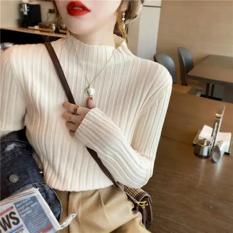 Pullover Ribbed Knitted Sweater Autumn Winter Clothes Women 2021 High Neck Long Sleeve Slim Basic Woman Sweaters Tops