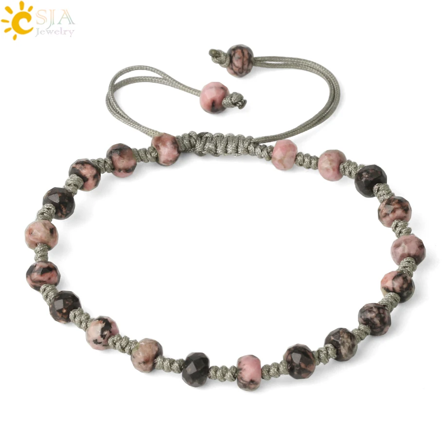 CSJA Natural Stone Braided Bracelets Faceted Round Bead 6mm Crystal Quartz Gray Weaving Rope Women Bracelet Healing Jewelry G453