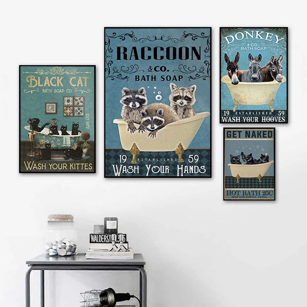 Black Cat Donkey Raccoon Poster Get Naked Quote Print Bathroom Wall Art Toilet Canvas Painting Pictures Room Wall Decor No Frame