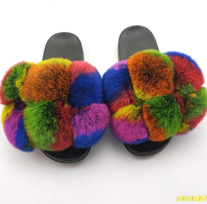 Furry Pom Pom Fur Slides Women Fur Slippers Reall Fox Fur Flip Flop Flat Fluffy Fur Ball Sandals Ladies Cute Rainbow Fur Shoes