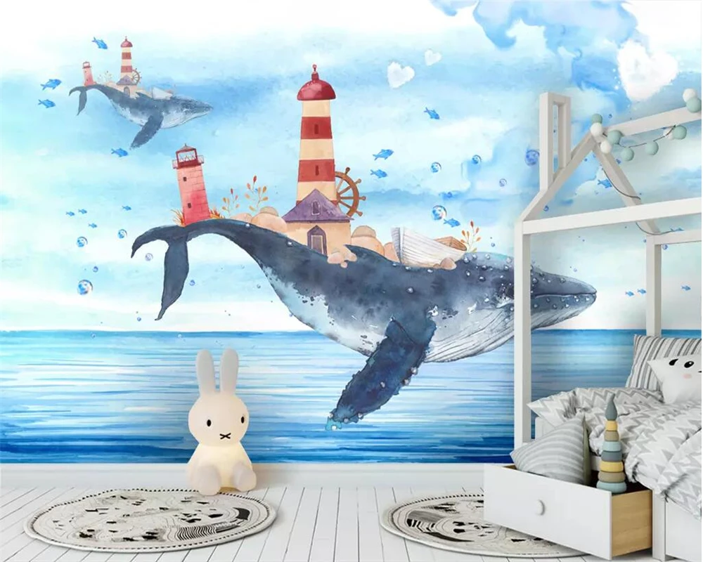 BEIBEHANG wallpaper Custom 3D Fantasy Whale Lighthouse Blue Ocean Hand-painted Flying Fish Children Background Wall Paper Mural