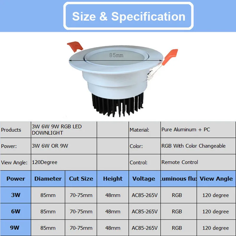 3W 6W 9W RGB LED مصباح السقف أسفل أضواء اللون للتغيير راحة النازل مع البعيد AC85-265V عكس الضوء RGB الضوء