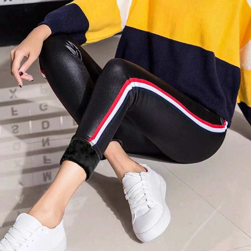 

High Quality PU Leggings Side stripes Women Casual Leggings High Waist Fitness Leggings Plump Female Leggings