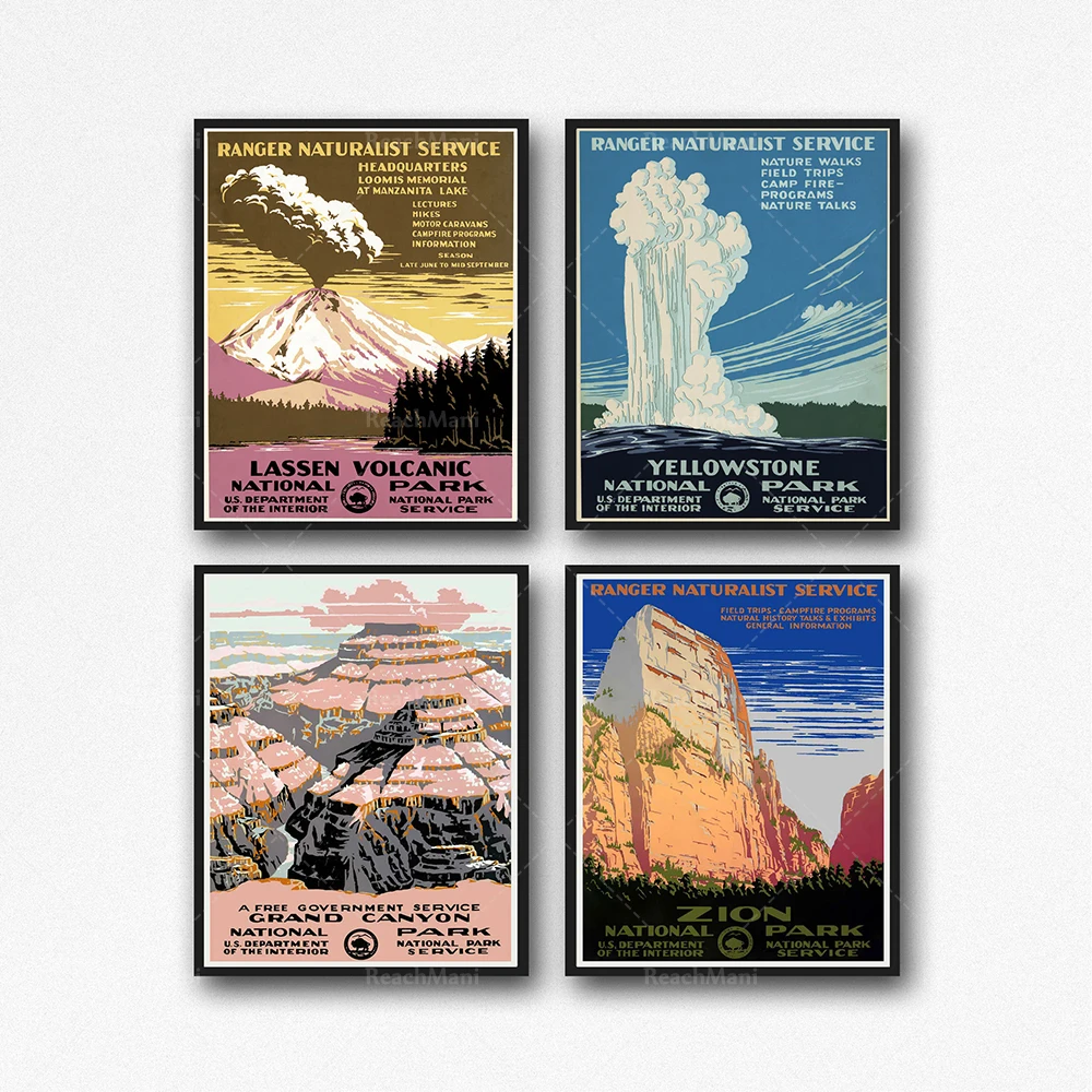 

National Park Posters from late 1930s Yellowstone Lassen Volcanic Grand Canyon and Zion National Parks