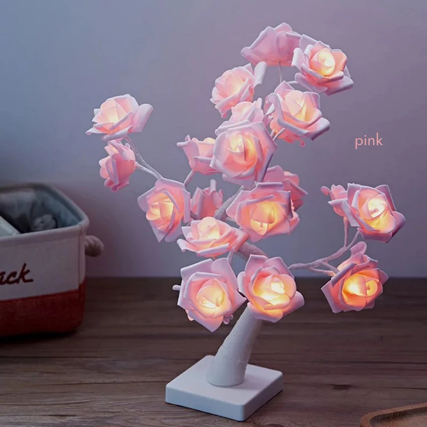 LED White Pink Rose Flower Bedside Bedroom Night Light Table Lamp Home Decoration Simulation Tree for Christmas Wedding Party