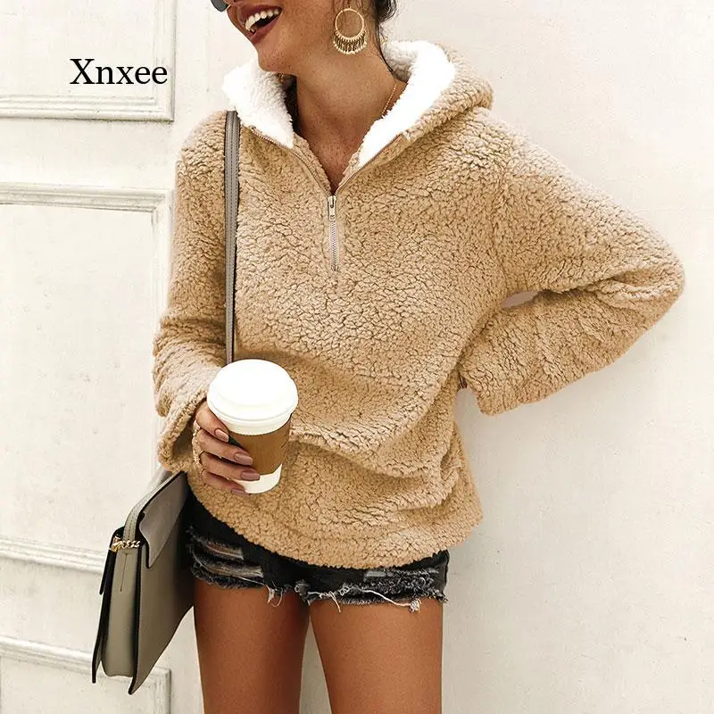 Women's Plush Hoodie Plush Sweatshirt Furry Streetwear Plain Thick Hoodie Stand Collar Warm Waist Hoodie Trendy