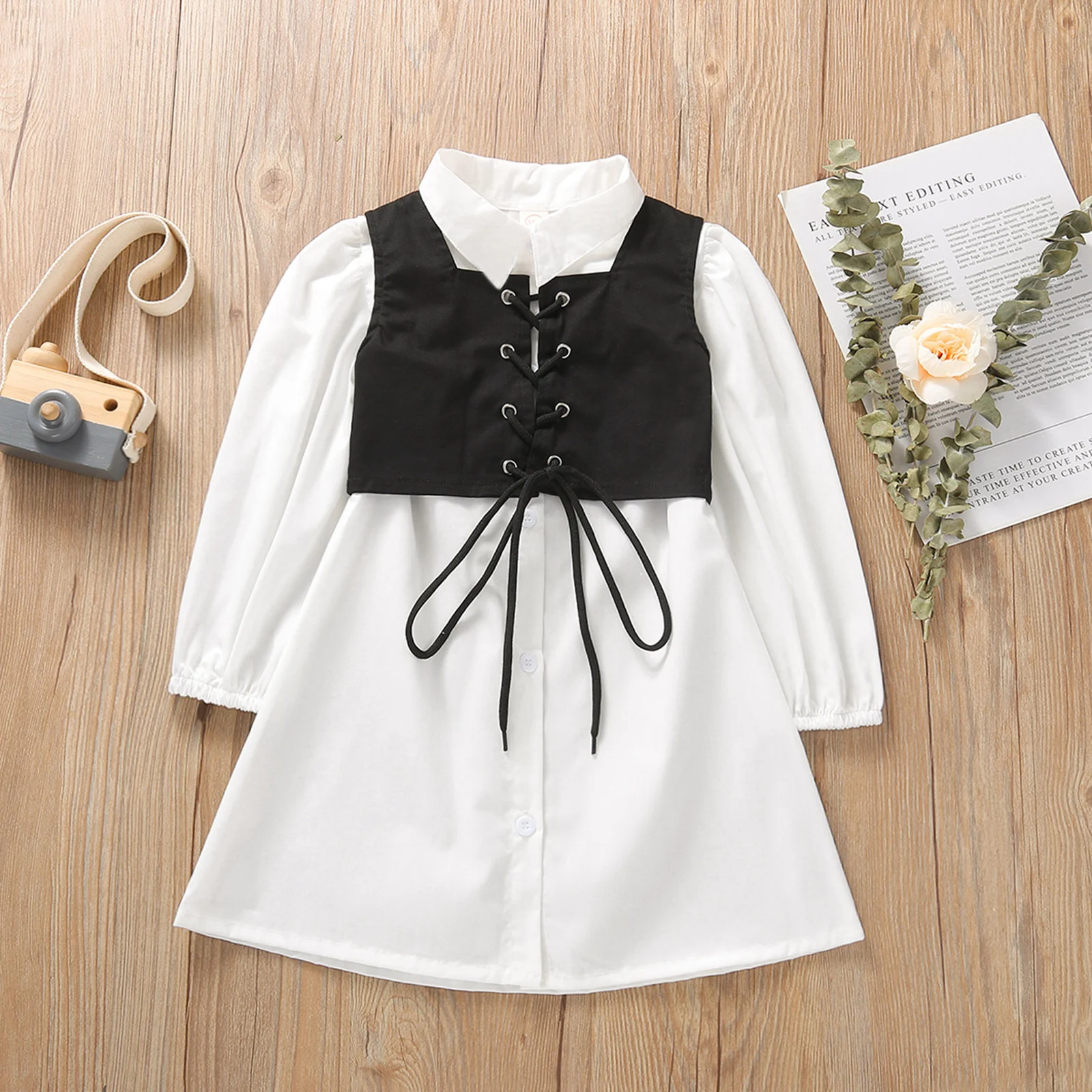 

2Pcs Kids Summer Outfit, Solid Color Lapel Long Sleeves Shirt Dress + Tied Cross Straps Waistcoat for Girls, 1-6 Years