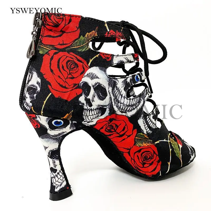 2021 Spring Summer Style Salsa Bachata Dance Shoes Girls Halloween Skull Latin Dance Boot 9cm Heel Women Latin Dance Shoes