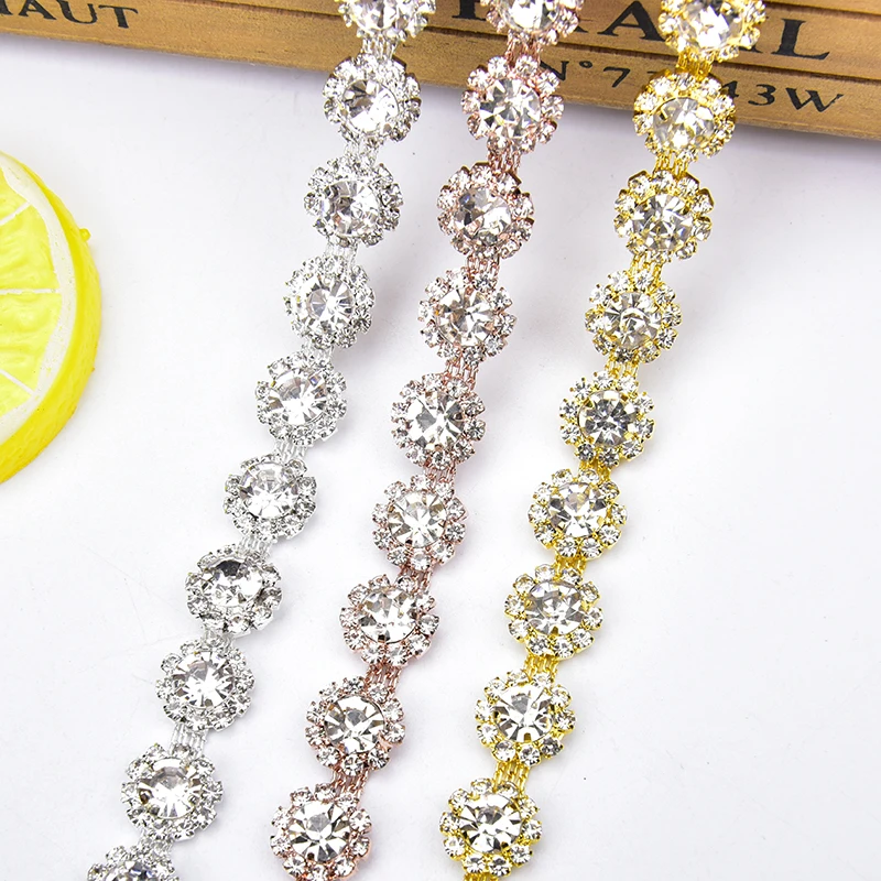 High Quality Glass Rhinestone Chain Clear And Crystal AB Trim Wedding Decoration Round Flower Banding Sew On DIY Accessories