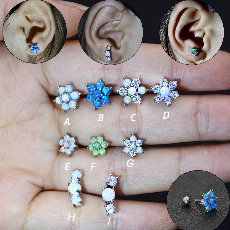 1Pc Opal Flower Small Big Flower CZ Tragus Cartilage Stainless Steel Ear Stud Piercing Crystal Daith Earring